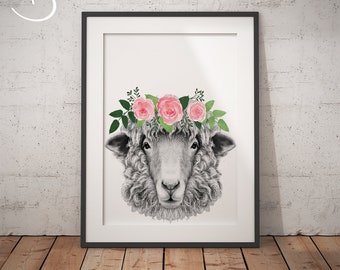 SHEEP FLOWER CROWN, Sheep Print, Printable Art, Animals floral crown print, Sheep Printables, Animals Flower Crown, Sheep Flower Crown Print