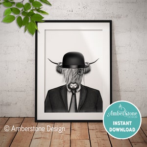 HIGHLAND COW in SUIT Art Print, Printables, Highland Cow Print, Instant Download, Dressed Highland Cow, Animals in Suits, Cow in Suit Prints