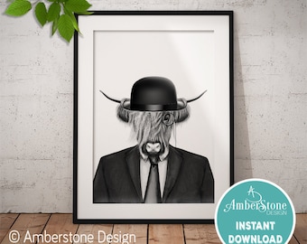 HIGHLAND COW in SUIT Art Print, Printables, Highland Cow Print, Instant Download, Dressed Highland Cow, Animals in Suits, Cow in Suit Prints