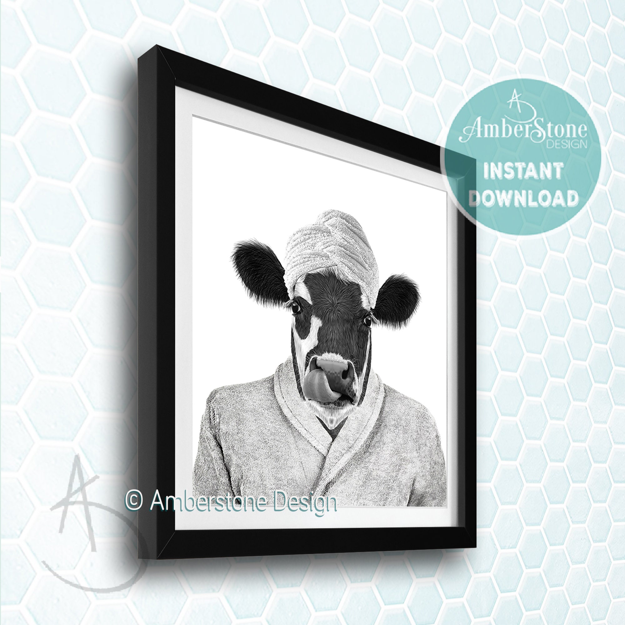 Cow in Bathrobe, Cow Printable, Cow Prints, Cow Bathroom, Whimsy Animal, Toilet poster, Kids Bathroom Art, Funny Art, Spa Cow, Funny Cow Art