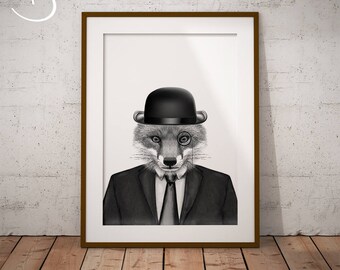 FOX ART PRINT, Fox Printables, Printable Fox Art, Dapper Fox, Fox in Suit, Black and White Fox, Fox Art, Fox Art Prints, Fox in Clothing Art