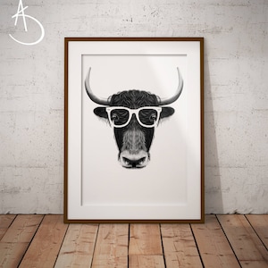 CUTE HIPSTER YAK Drawing download, Yak Wall decor, Hipster Yak Print, Printable Yak Poster, Yak Decor, Hipster Animal Print, Yak Printable