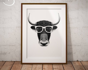 CUTE HIPSTER YAK Drawing download, Yak Wall decor, Hipster Yak Print, Printable Yak Poster, Yak Decor, Hipster Animal Print, Yak Printable