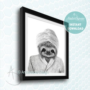 Sloth in Bathrobe, Sloth Printable, Sloth Prints, Sloth Bathroom, Whimsy Animal, Toilet poster, Kids Bathroom Art, Funny Art, Spa Sloth