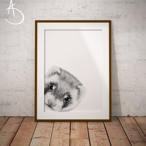 FERRET PRINT, Printable Poster, Woodland Animals, Nursery Decor, Black White Ferret Art, Peekaboo Creatures, Downloadable Art, Ferret Print
