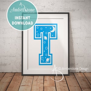 Blue Letter T, LETTER T Print, Letter T, Blue Nursery, Boys Letter T, Baby Boy Print, Gift for Baby Boy, Baby Shower, Blue Letter Monogram