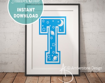 Blue Letter T, LETTER T Print, Letter T, Blue Nursery, Boys Letter T, Baby Boy Print, Gift for Baby Boy, Baby Shower, Blue Letter Monogram