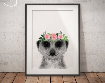 MEERKAT FLOWER CROWN, Meerkat Print, Printable Art, Animals floral crown print, Meerkat Printables, Meerkat Art, Meerkat Flower Crown Print