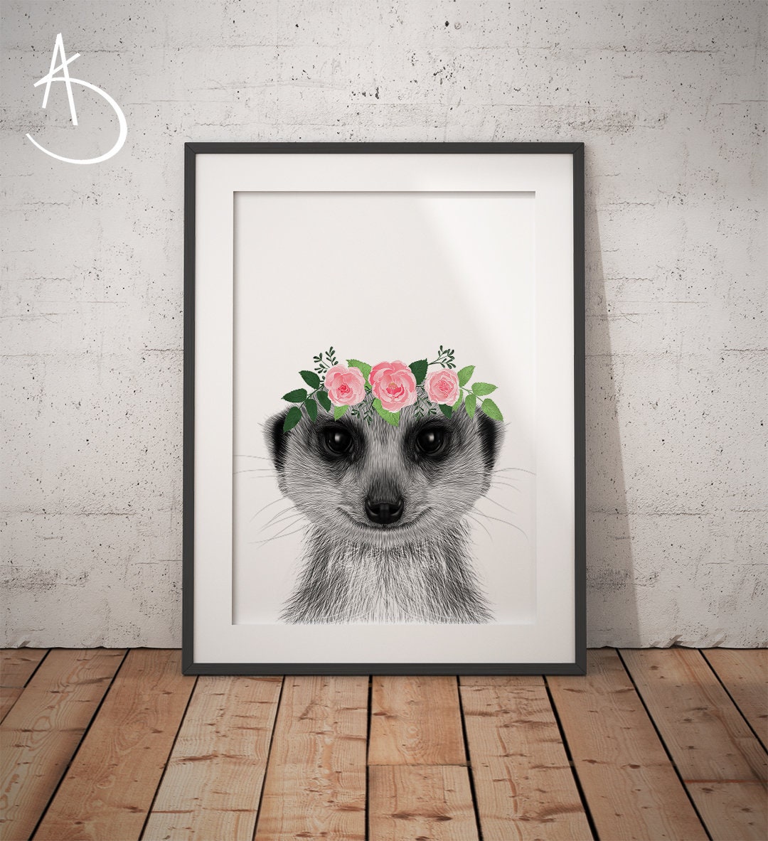 MEERKAT FLOWER CROWN, Meerkat Print, Printable Art, Animals floral crown print, Meerkat Printables, Meerkat Art, Meerkat Flower Crown Print