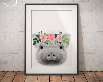 PIG FLOWER CROWN, Pig Print, Printable Art, Animals floral crowns print, Pig Printables, Animals Flower Crown, Pig Flower Crown Print