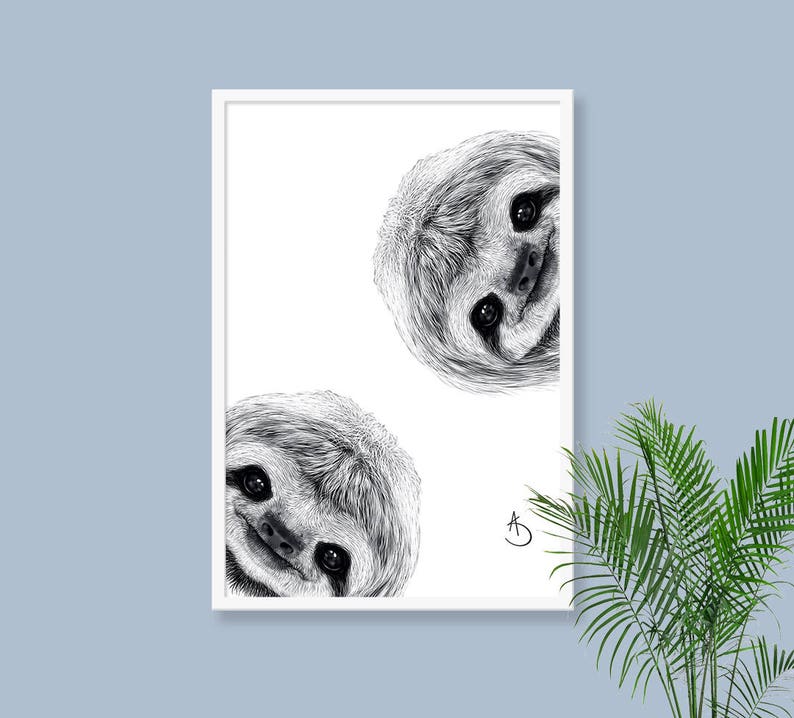 CUTE CURIOUS SLOTH Drawing download, Sloth Wall decor, Curious Sloth Print, Printable Sloth Poster, Sloth Decor, Curious Animals, Sloth Art image 2