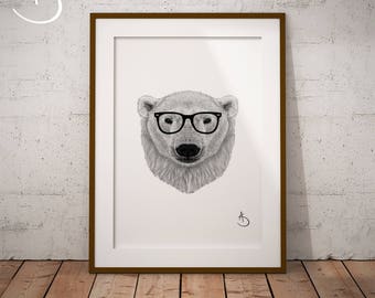 HIPSTER POLAR BEAR Drawing download Print, Polar Bear decor, Hipster Polar Bear Print, Printable Poster, Printable Decor, Black and White,