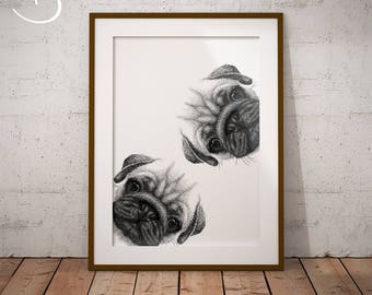 PUG PRINT, Cute Curious PUG Drawing download, Pug Wall decor, Pug Prints, Printable Pug Poster, Pug Decor, Dog Printables, Pug Art, Pug Dog