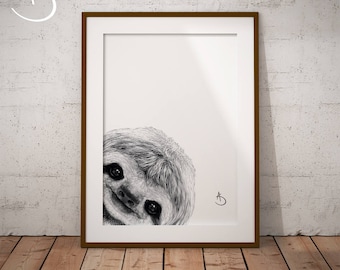 CUTE PEEKABOO SLOTH Drawing download, Sloth Art, Peekaboo Sloth Print, Printable Sloth Poster, Sloth Decor, Peekaboo Animals, Peekaboo Sloth