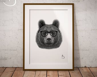 HIPSTER BEARS DRAWING download Print, Wall decor, Hipster Bear Print, Printable Bear Poster, Digital, Printable Decor, Instant Download,