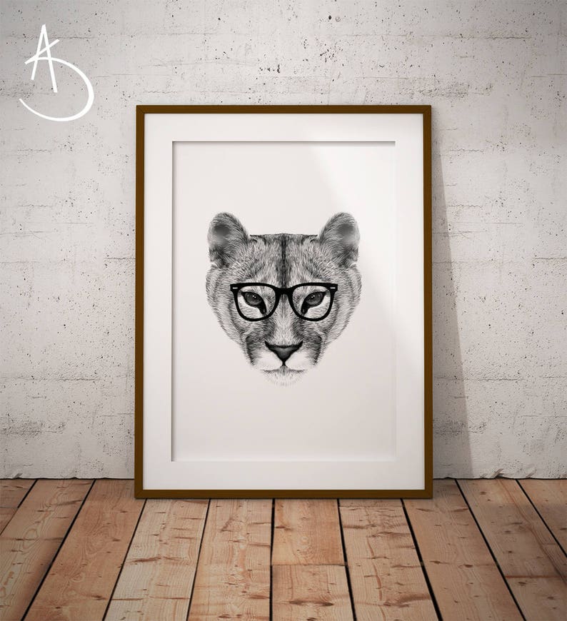 HIPSTER MOUNTAIN LION download, Animal decor, Hipster Mountain Lion, Printable Mountain Lion, Printable Decor, Hipster Animal, Mountain Lion image 1