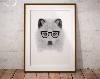 HIPSTER ARCTIC FOX download, Animal decor, Hipster Arctic Fox, Printable Arctic Fox, Printable Decor, Hipster Animal, Office Art, Arctic Fox