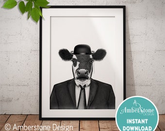 COW IN SUIT Art Print, Cow Printables, Cow Print, Printable Cow Art, Dapper Cow , Cow Art, Dressed Cow, Animals in Suits, Cow in Suit Prints