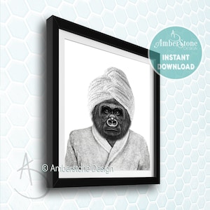 Gorilla in Bathrobe Print: Funny Bathroom Animal Art (Digital Download)