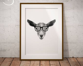 GOAT, HIPSTER Goat Drawing download, Goat Wall decor, Hipster Goat Print, Printable Goat Poster, Goat Decor, Hipster Animal Print, Hipster