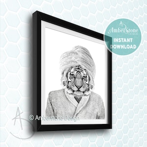 Tiger in Bathrobe Print: Whimsical Bathroom Animal Art (Digital Download)