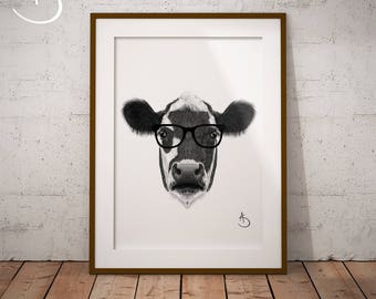 CUTE HIPSTER COW Drawing download, Cow Wall decor, Hipster Cow Print, Printable Cow Poster, Cow Decor, Hipster Animal Print, Hipster Cow Art