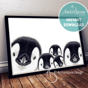 Penguin Family Print, Family of Penguin, Penguin Print, Penguin Decor, Family of 5, Instant Download, Penguin Family Portrait, Family five,