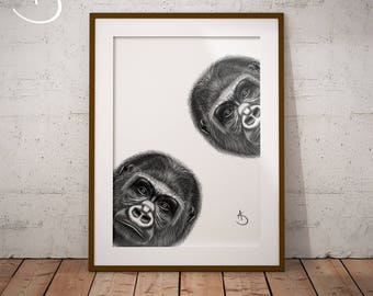 GORILLA PRINT, download Print, Gorilla decor, Gorilla Printables, Jungle Animals, Printable Poster, Gorilla Art, Black White Art, Office Art