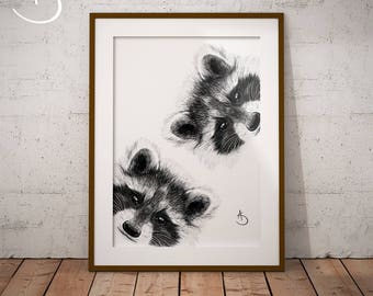 CUTE CURIOUS RACOON Drawing download, Racoon decor, Curious Racoon Print, Printable Racoon Poster, Printable Art, Curious Animals, Pdf Print