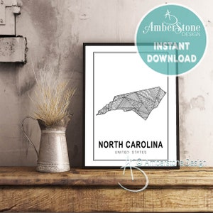 NORTH CAROLINA ART Print, Instant Download, North Carolina Print, North Carolina State Art, Printables, Black White Print, North Carolina