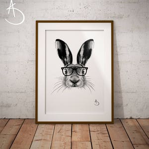 CUTE HIPSTER HARE Drawing download, Hare decor, Hipster Hare Print, Printable Hare Poster, Printable Decor, Hipster Animals, Woodland decor image 1