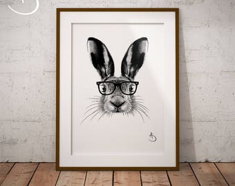 CUTE HIPSTER HARE Drawing download, Hare decor, Hipster Hare Print, Printable Hare Poster, Printable Decor, Hipster Animals, Woodland decor