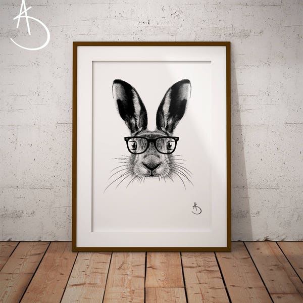 CUTE HIPSTER HARE Drawing download, Hare decor, Hipster Hare Print, Printable Hare Poster, Printable Decor, Hipster Animals, Woodland decor