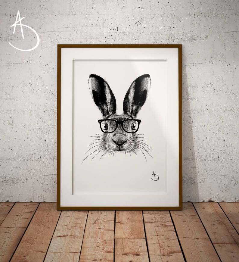 CUTE HIPSTER HARE Drawing download, Hare decor, Hipster Hare Print, Printable Hare Poster, Printable Decor, Hipster Animals, Woodland decor image 1