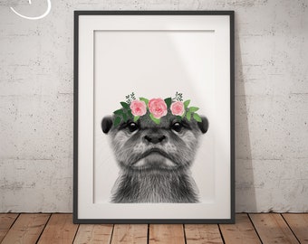 OTTER FLOWER CROWN, Otter Print, Printable Art, Animals floral crown print, Otter Printables, Animals Flower Crown, Otter Flower Crown Print