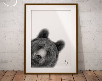 CUTE PEEKABOO BEAR Drawing download, Wall decor, Peekaboo Bear Print, Printable Bear Poster, Digital, Printable Decor, Peekaboo Bear, Bear