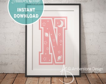 Pink Letter N, LETTER N Print, Letter N, Pink Nursery, Girls Letter N, Baby Girl Print, Gift for Baby Girl, Baby Shower, Pink Monogram