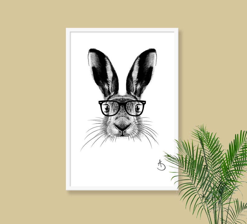 CUTE HIPSTER HARE Drawing download, Hare decor, Hipster Hare Print, Printable Hare Poster, Printable Decor, Hipster Animals, Woodland decor image 5