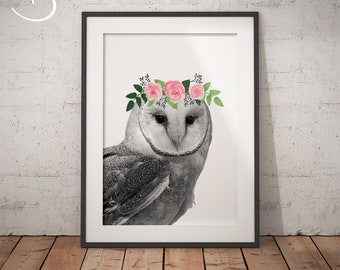 OWL FLOWER CROWN, Owl Print, Printable Art, Animals floral crown print, Owl Printables, Owl, Animals Flower Crown, Owl Flower Crown Print