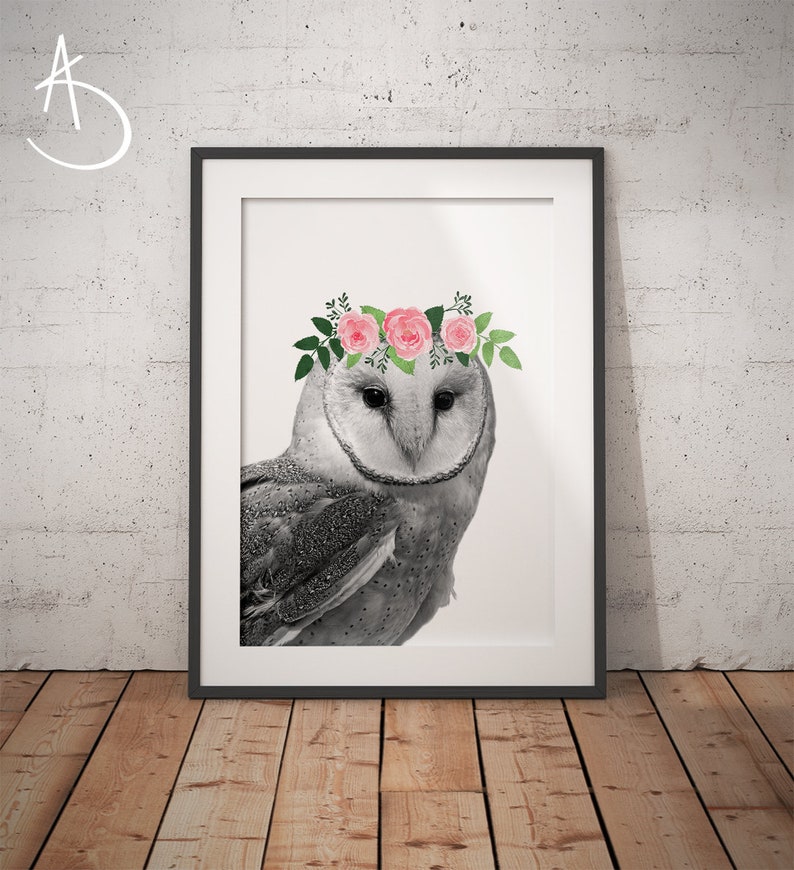 OWL FLOWER CROWN, Owl Print, Printable Art, Animals floral crown print, Owl Printables, Owl, Animals Flower Crown, Owl Flower Crown Print image 1