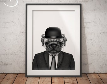 PUG IN SUIT Art Print, Pug Printables, Pug Print, Printable Pug Art, Pug Prints, Dapper Pug, Pug Art, Animals in Suits, Pug in Suit Prints