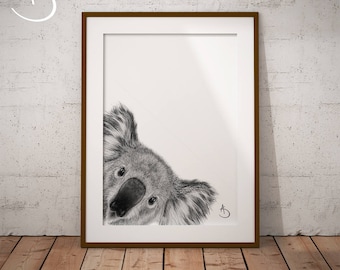 CUTE PEEKABOO KOALA Drawing download, Koala Art, Peekaboo Koala Print, Printable Koala Poster, Koala Decor, Peekaboo Koala, Koala Prints