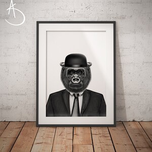 GORILLA IN SUIT Art Print, Gorilla Printables, Printable Art, Dapper Gorilla, Animals in suits, Black and White Art,  Gorilla in Suit Prints
