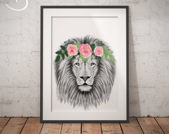 Lion Flower Crown, Lion Print, Printable Art, Animals floral crowns print, Lion Printables, Animals Flower Crown, Lion Flower Crown Print