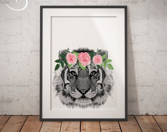 TIGER FLOWER Crown, Printable Art, Animals floral crown print, Tiger PDF, Tiger Printables, Animals Flower Crown, Tiger Flower Crown Print