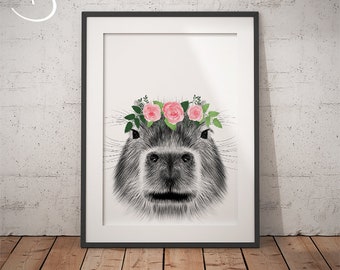 CAPPYBARA FLOWER Crown, Cappybara Print, Printable Art, Animal floral crown print, Cappybara, Cappybara Prints, Cappybara Flower Crown Print