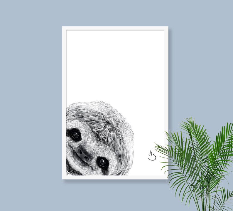 CUTE PEEKABOO SLOTH Drawing download, Sloth Art, Peekaboo Sloth Print, Printable Sloth Poster, Sloth Decor, Peekaboo Animals, Peekaboo Sloth image 2