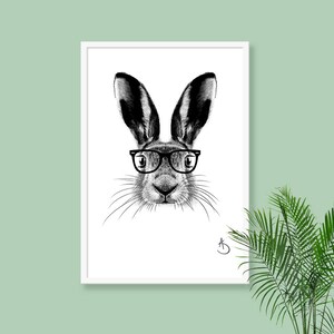 CUTE HIPSTER HARE Drawing download, Hare decor, Hipster Hare Print, Printable Hare Poster, Printable Decor, Hipster Animals, Woodland decor image 3