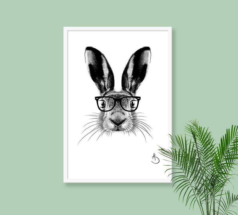 CUTE HIPSTER HARE Drawing download, Hare decor, Hipster Hare Print, Printable Hare Poster, Printable Decor, Hipster Animals, Woodland decor image 3