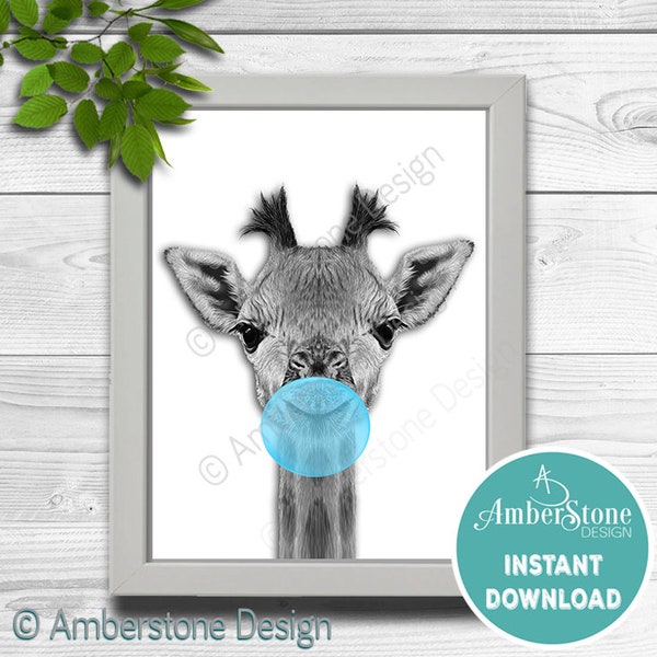 BUBBLE GUM GIRAFFE Blue, Digital download, Safari Animal Decor, Cute Giraffe Print, Printable Giraffe , Boys Room, Nursery Decor, Giraffe